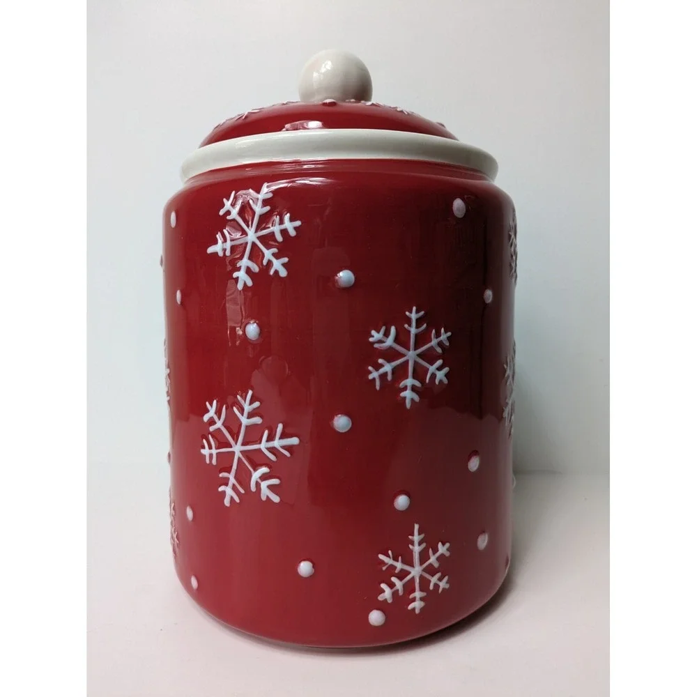 Hallmark Christmas Red Cookie Jar Canister 3 Snowmen Snowflakes 9